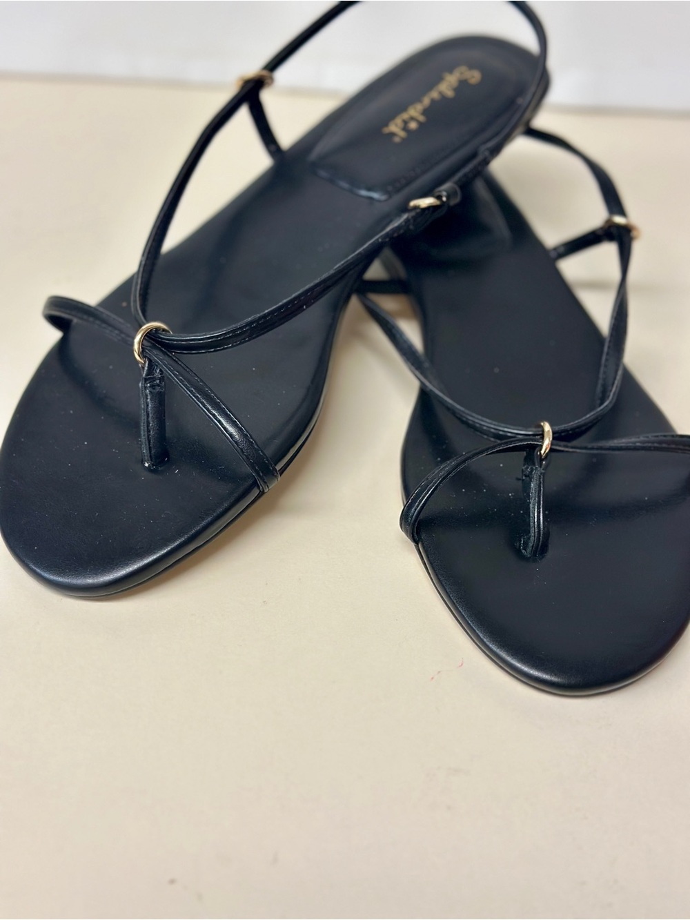 Splendid Black Toe-Ring Slingback Sandals with Gold Accents